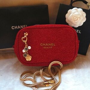 Chanel Red Velvet Beauty Cosmetic Bag with Gold Accents